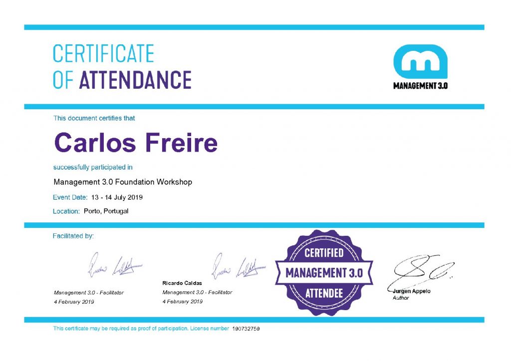 Certificate of Attendance for Carlos Freire for participating in the Management 3.0 Foundation Workshop